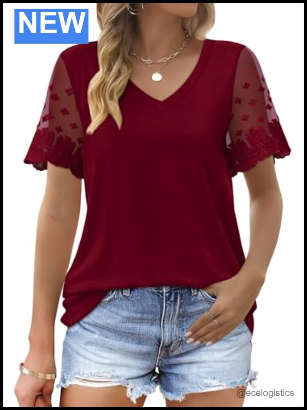 V Neck Lace Short Sleeve Curved Hem Tops Loose Fit T Shirts